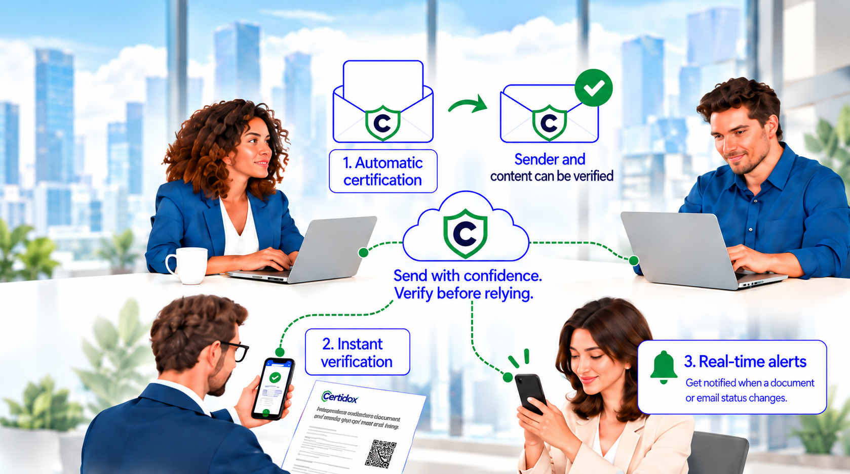 Four people using Certidox to automatically certify emails, verify certified records and receive real-time status alerts.