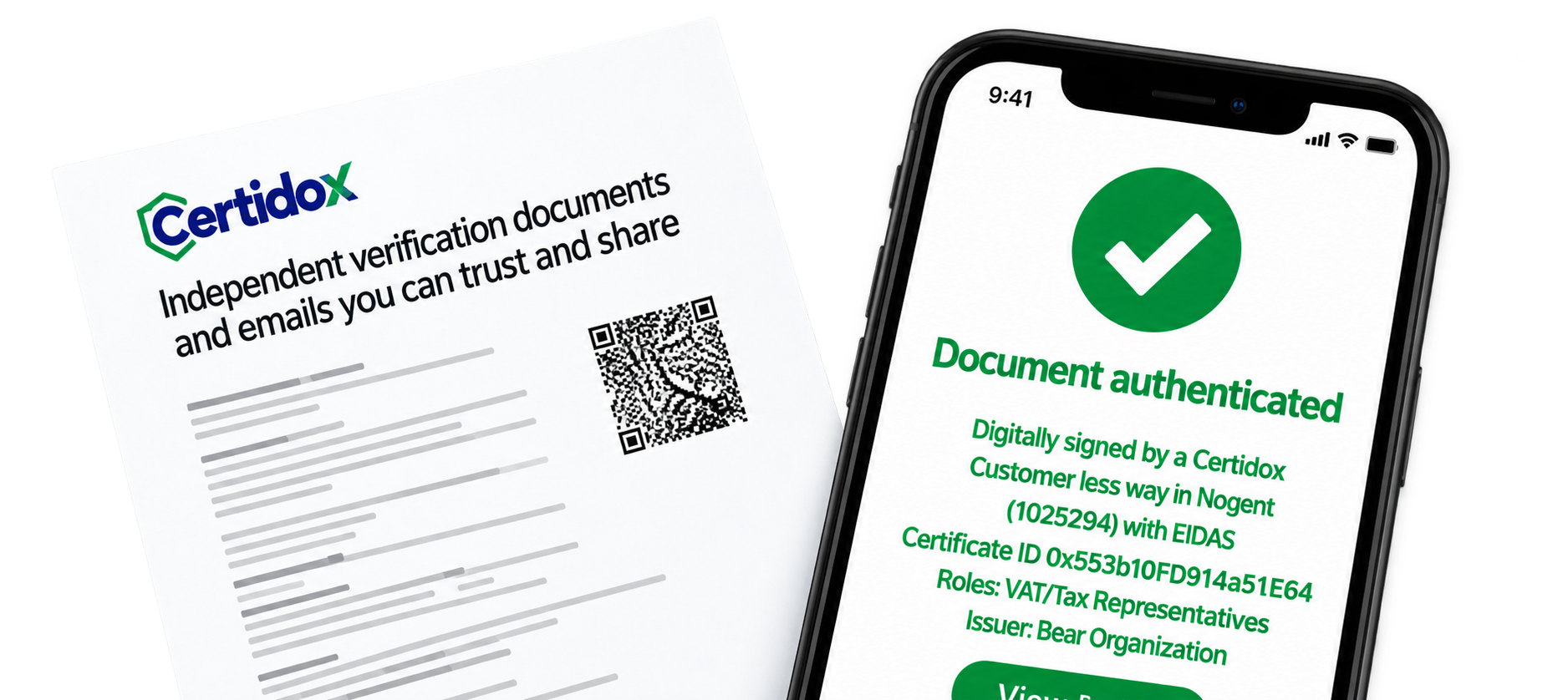 Certidox-certified document beside a smartphone showing a document verification result