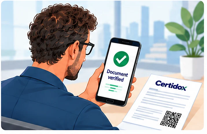 A professional independently verifies a Certidox-certified document using a smartphone