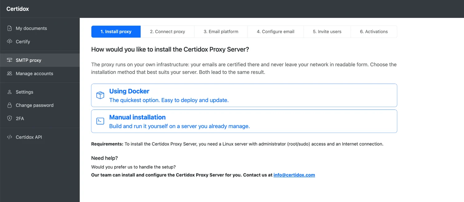Actual Certidox install screen showing Docker and manual installation choices.