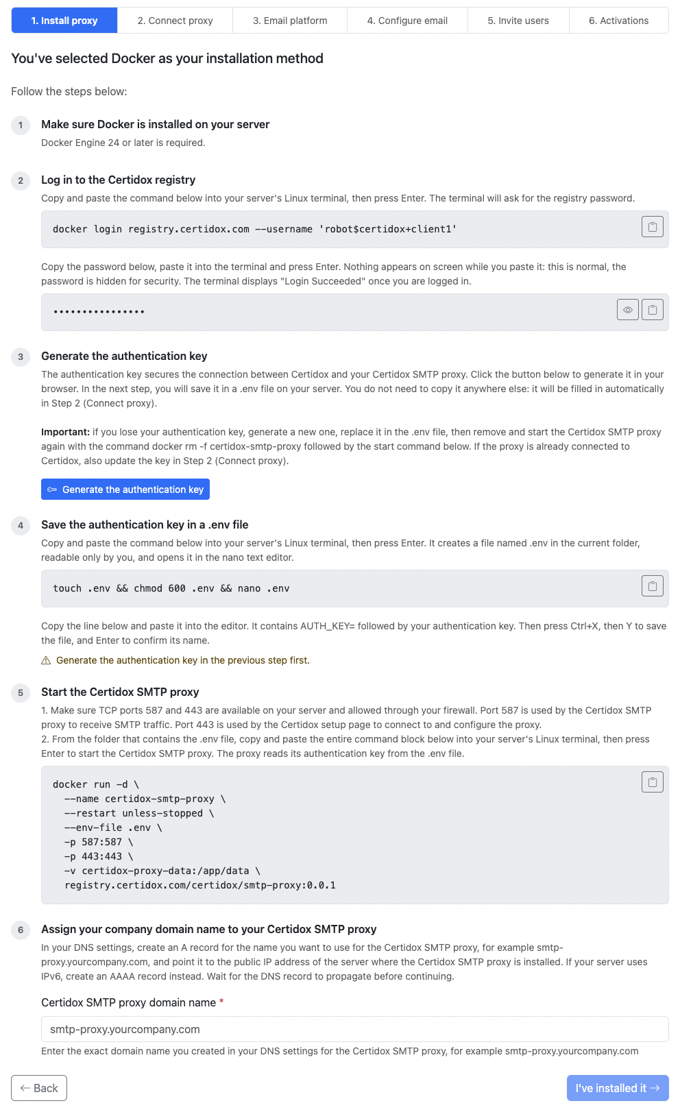 Updated Certidox Docker installation screen showing registry login, browser-generated authentication key, protected .env file, Docker startup with --env-file .env and proxy DNS settings.