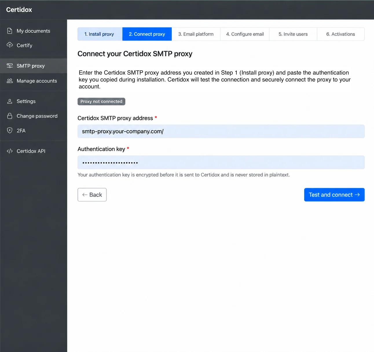 Certidox Connect proxy screen showing proxy hostname and masked authentication key.