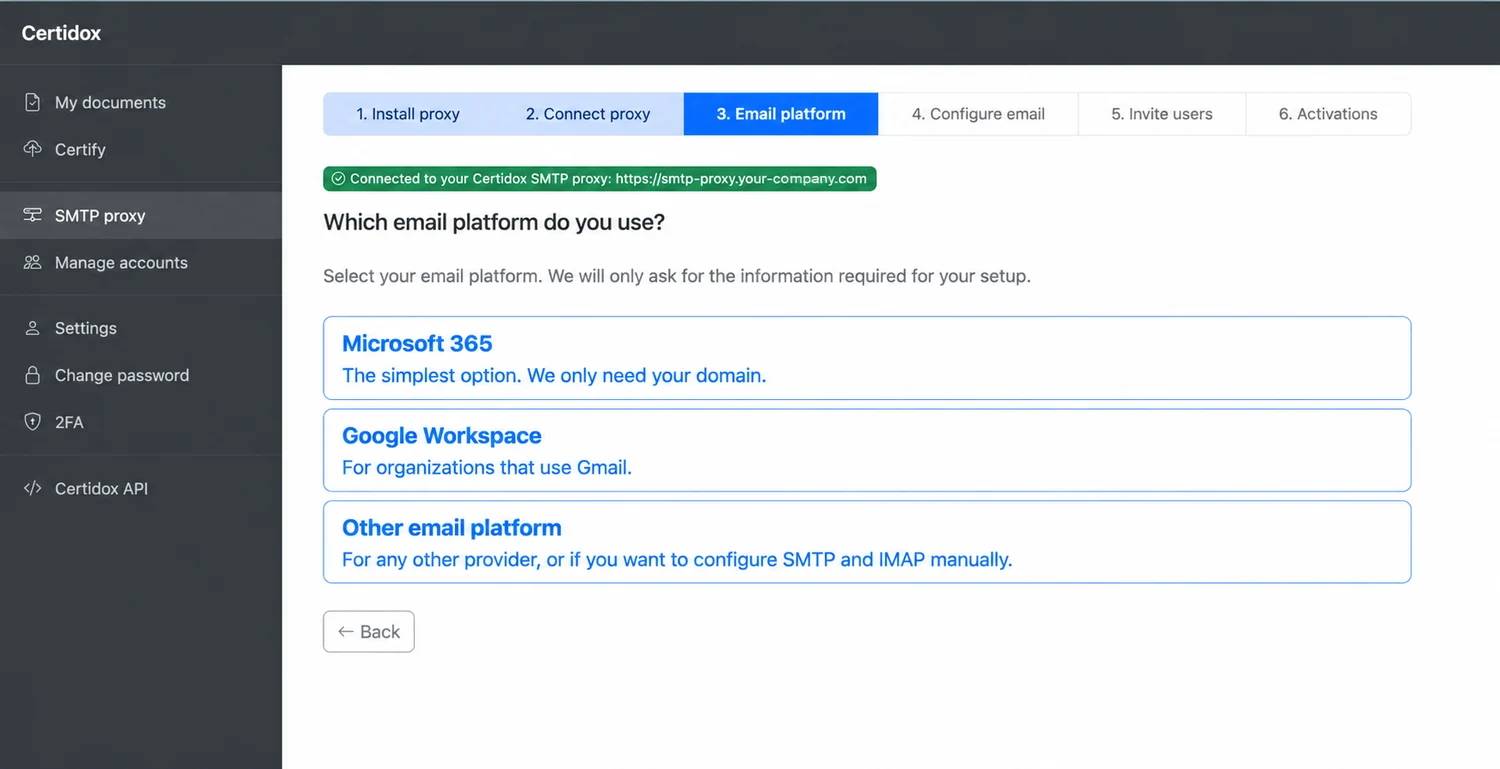 Certidox email platform selection listing Microsoft 365, Google Workspace and other email platform.
