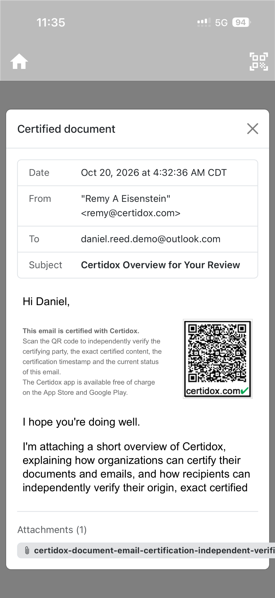 Actual Certidox iPhone certified email reference displaying the From, To, Subject, body and an attachment filename.
