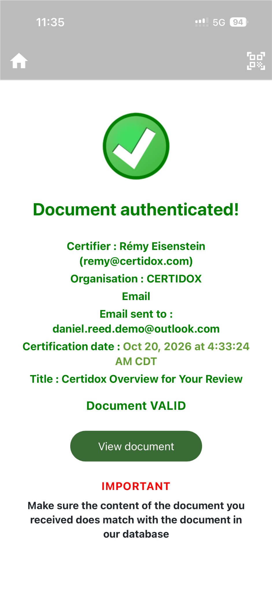 Actual Certidox iPhone verification result showing CERTIDOX, remy@certidox.com, Daniel Reed recipient, October 20 2026 certification date and Document VALID.