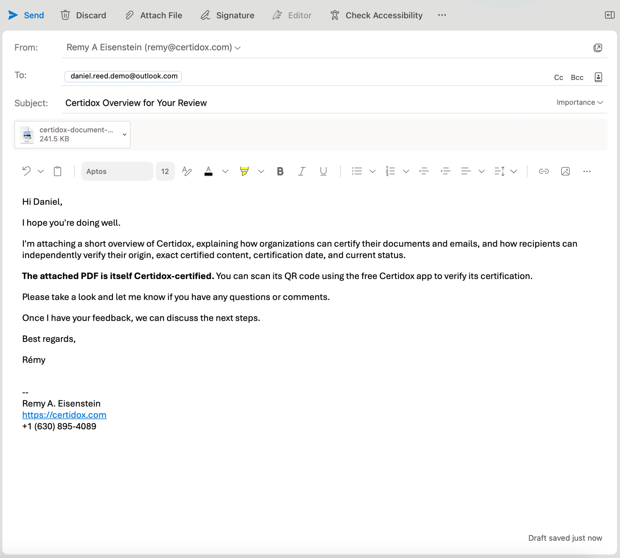 Actual Outlook compose screen: email to Daniel Reed with the certified Certidox overview PDF attached.