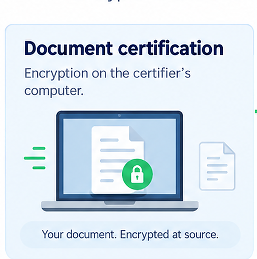 Document certification: encryption on the certifier's computer, before transmission.