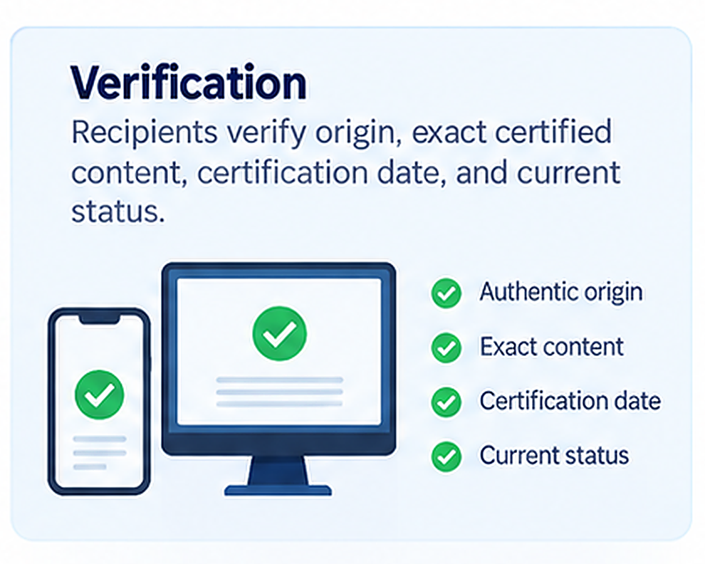 Verify authentic origin, exact certified content, certification date and current status.