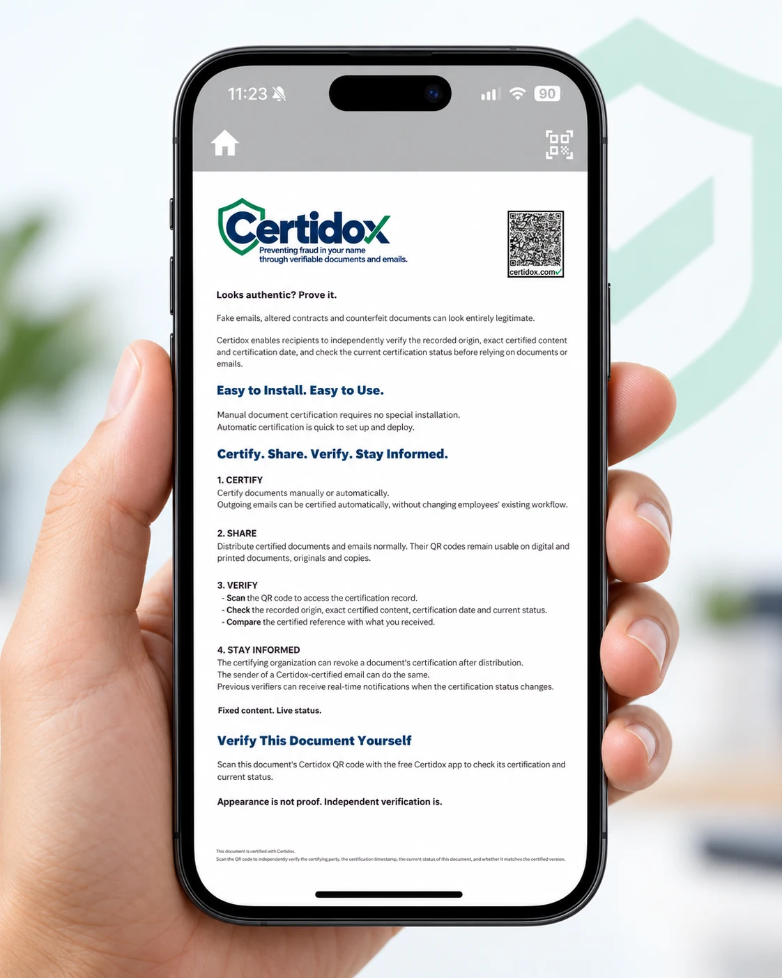 Illustrative smartphone presentation of the certified document reference available through View document