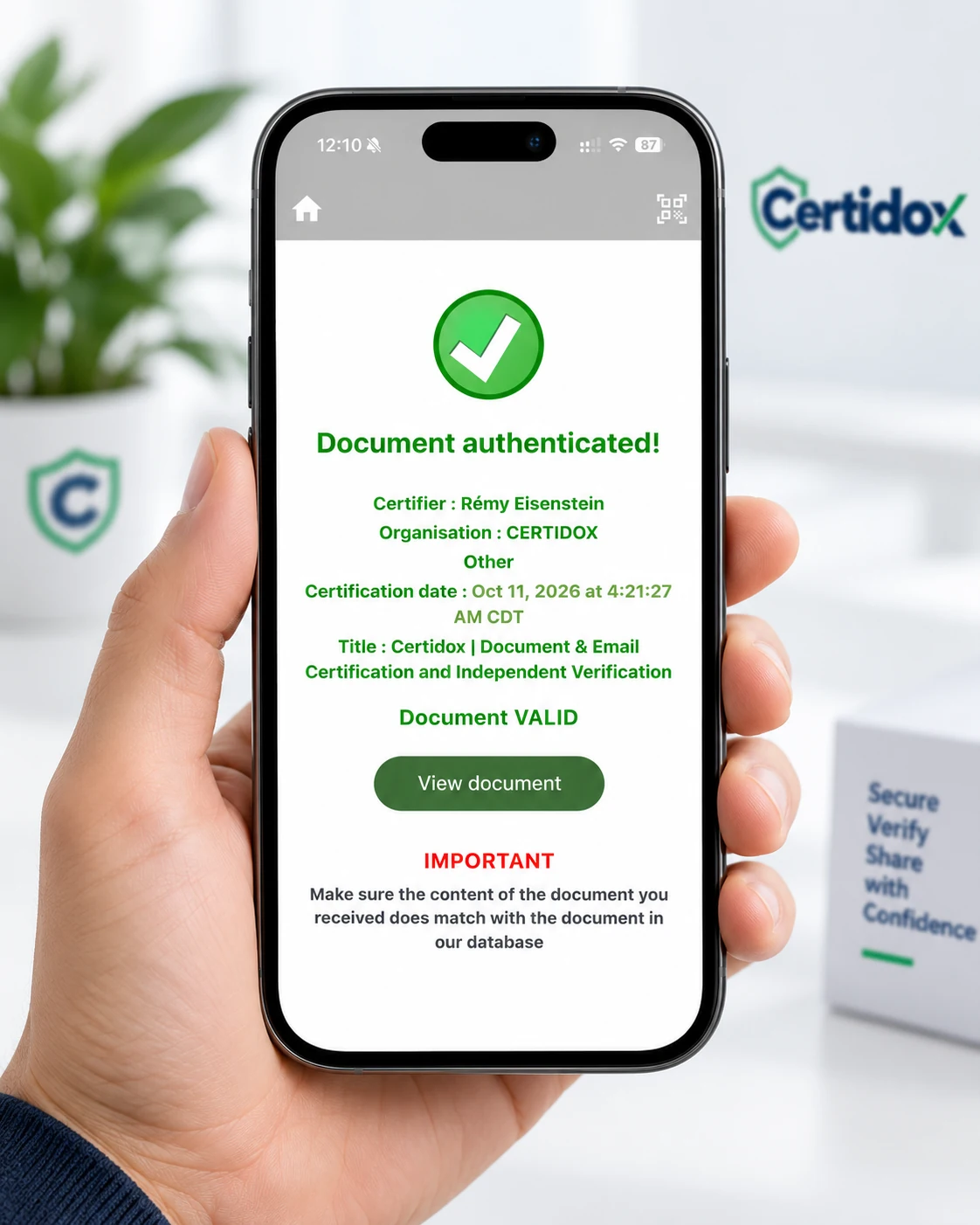 Illustrative smartphone presentation of a prior Certidox verification result: Document authenticated and Document VALID