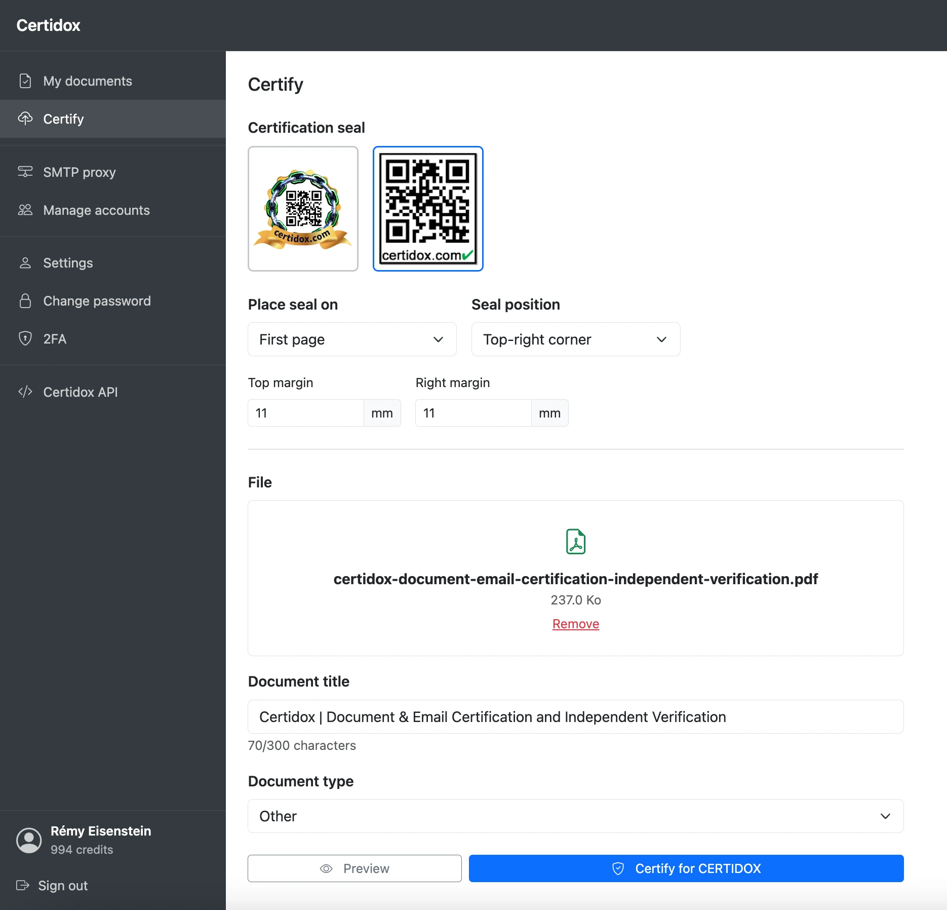 Certidox Certify interface showing QR seal selection, document upload, title, type, preview and certification button