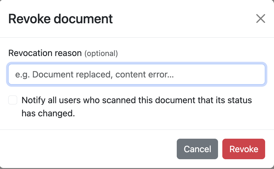 Certidox Revoke document dialog, showing an optional revocation reason and optional prior-verifier notification checkbox