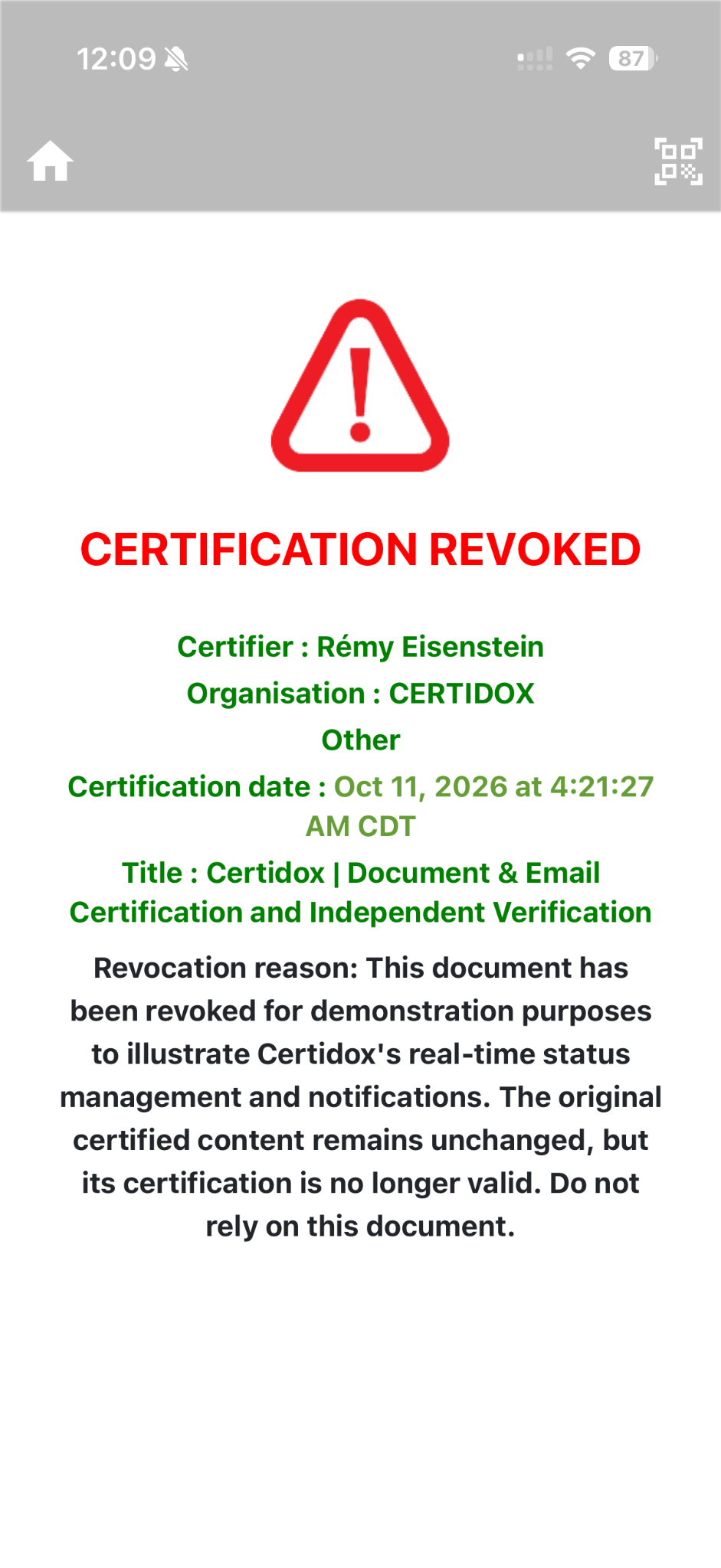 Original Certidox screen illustrating a certification revoked warning and revocation reason