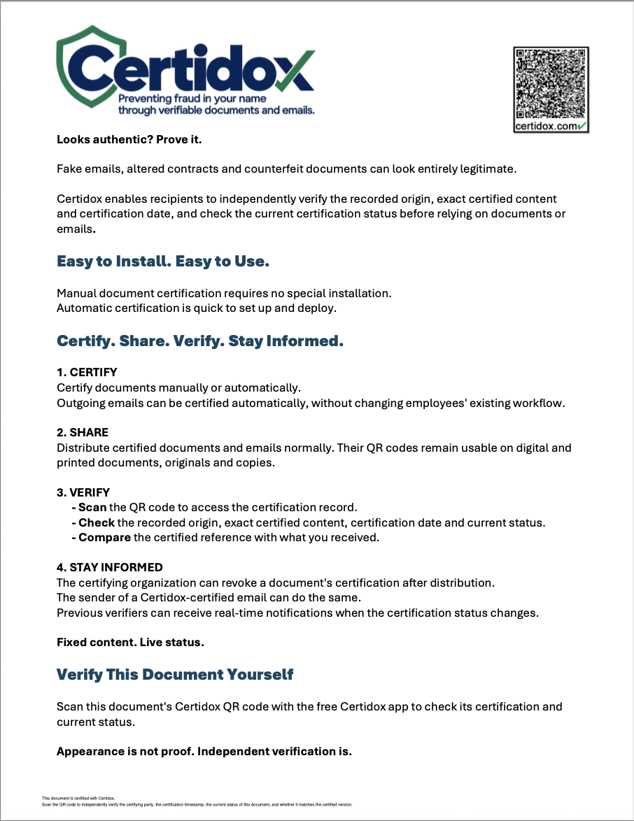Original first page of the two-page Certidox-certified PDF, including its certification QR code