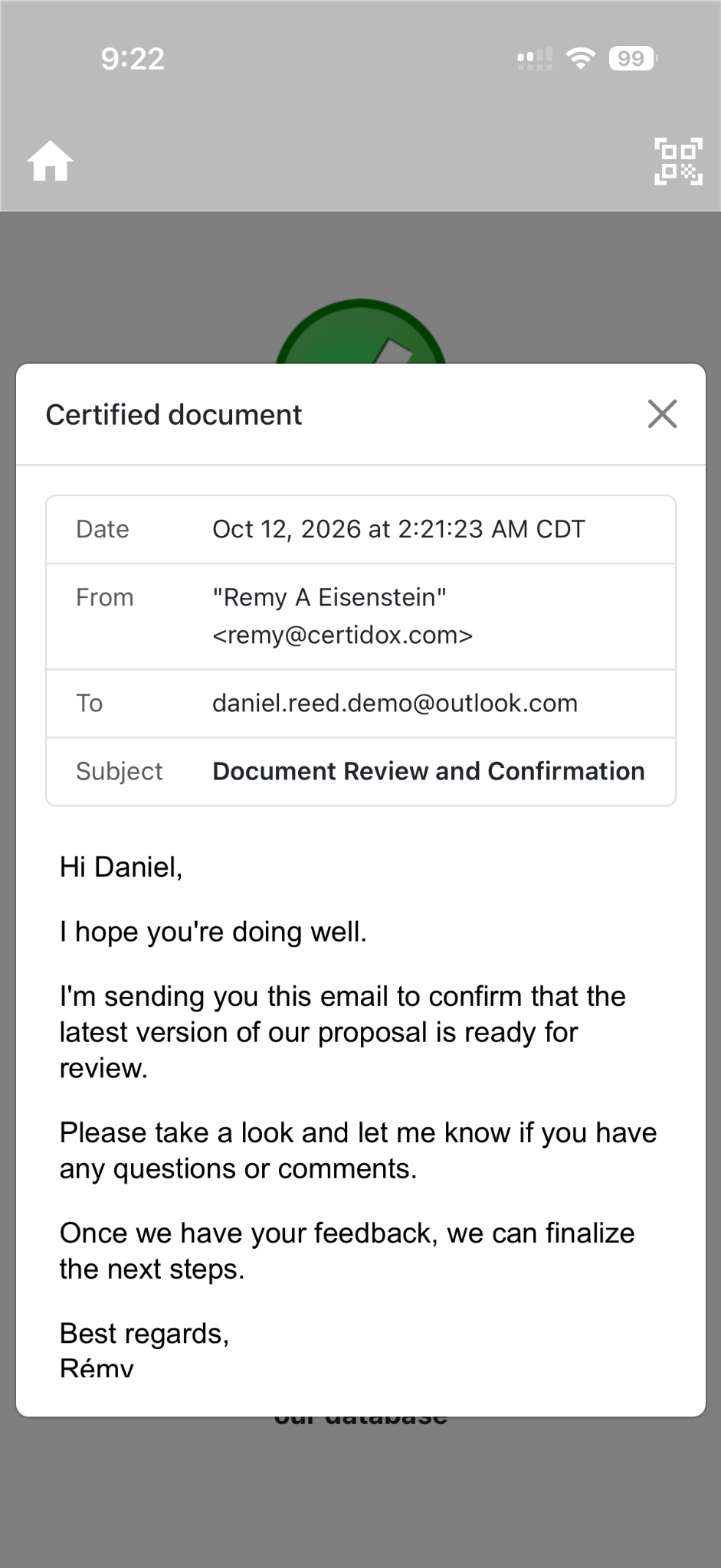 Original Certidox app screen displaying the certified email representation with From, To, Subject and message body