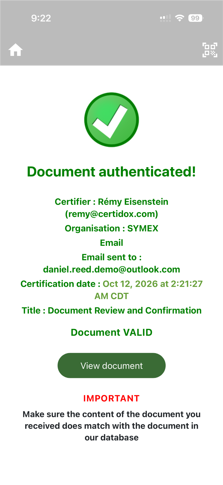 Original Certidox mobile verification result showing email sender, destination, certification date and VALID status