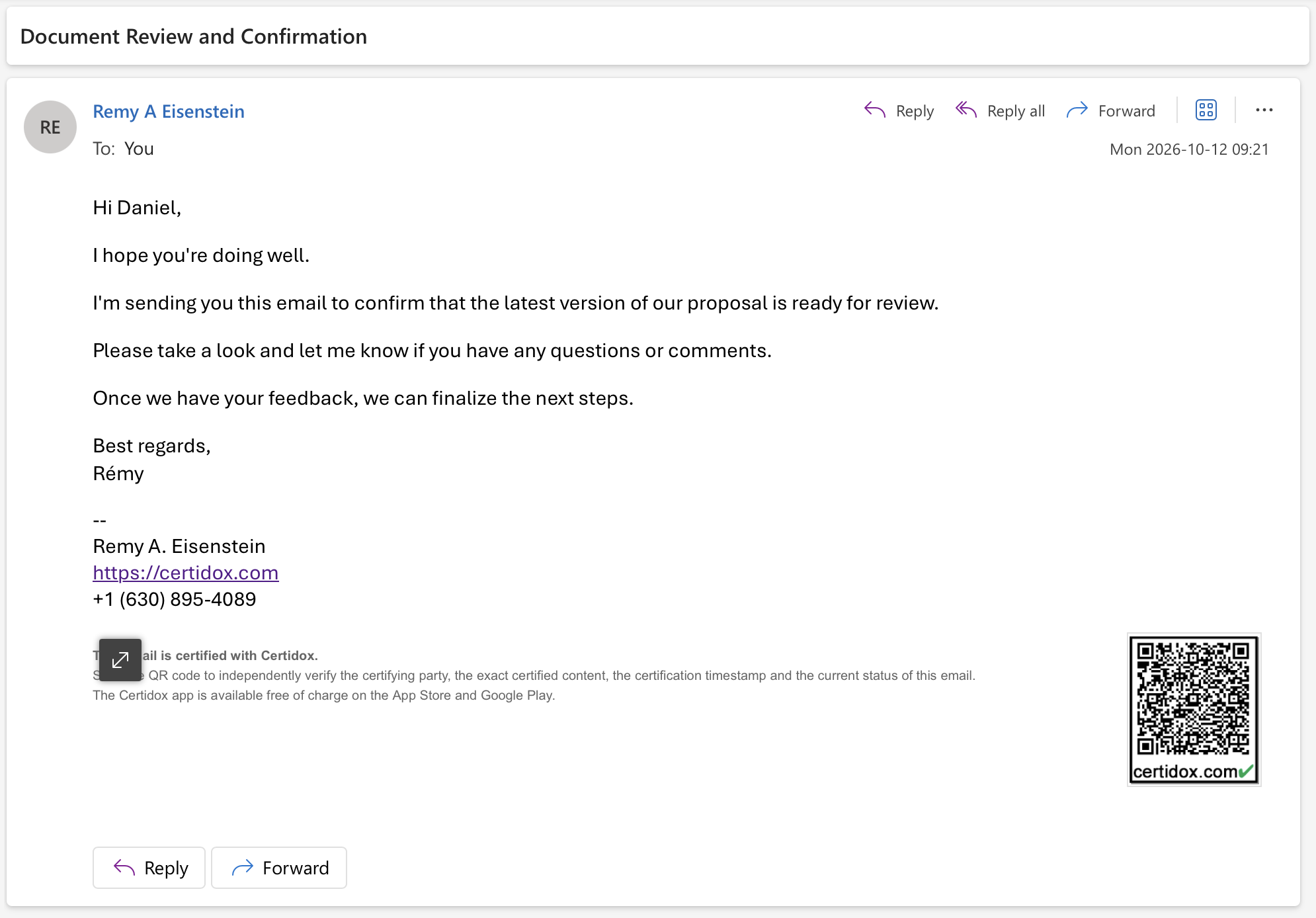 Received Outlook email with the original Certidox QR code for verifying the recorded email content