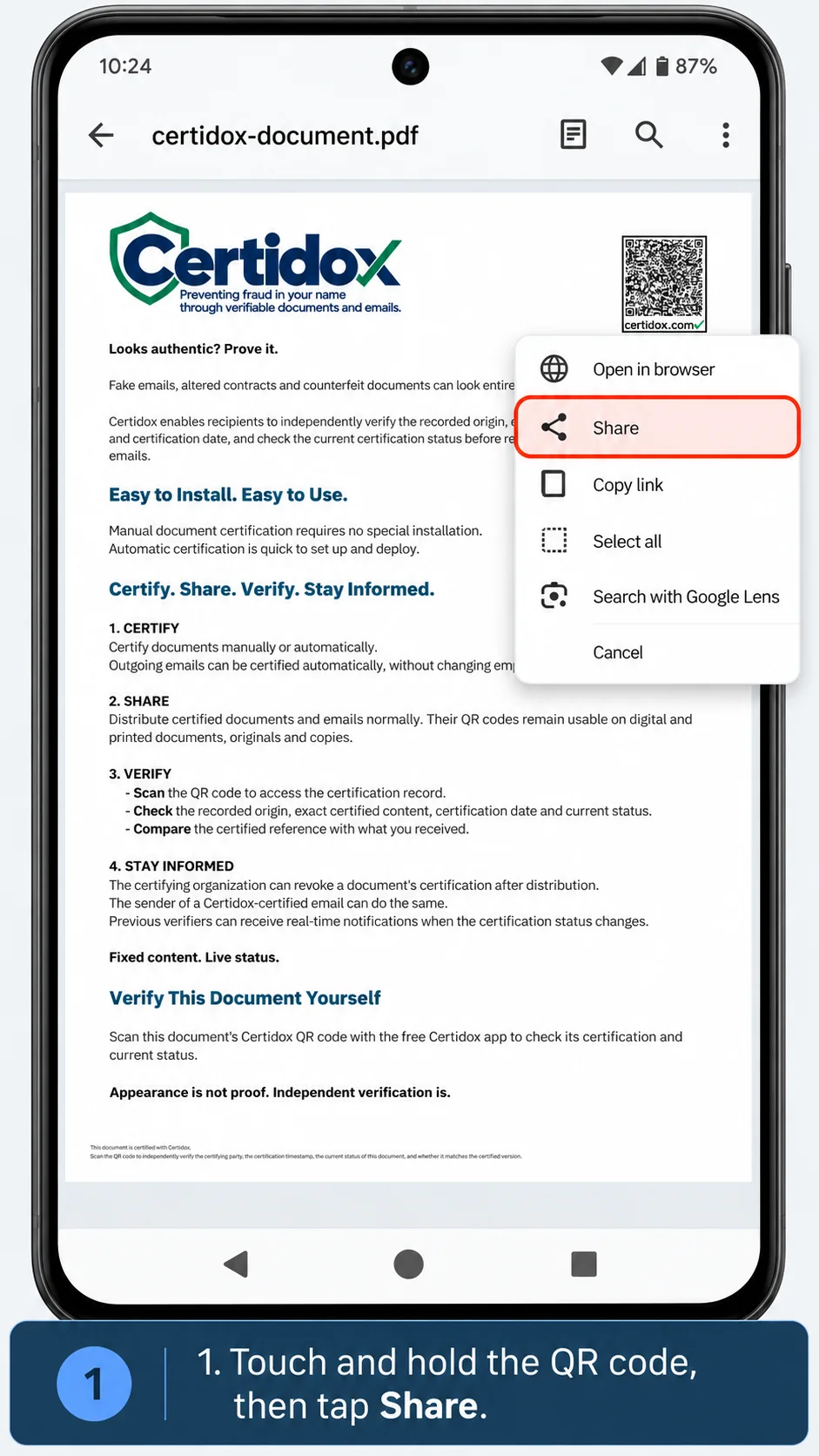 Illustrated Android document viewer showing the Certidox sample and the highlighted Share menu option