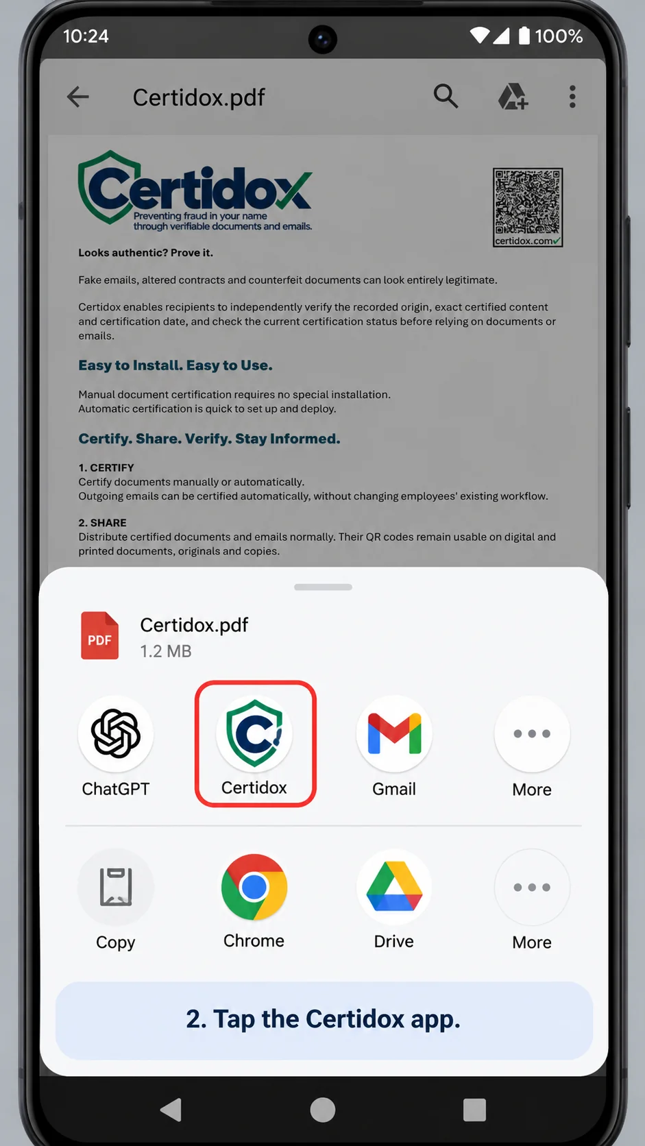 Illustrated Android share sheet with the Certidox app icon highlighted