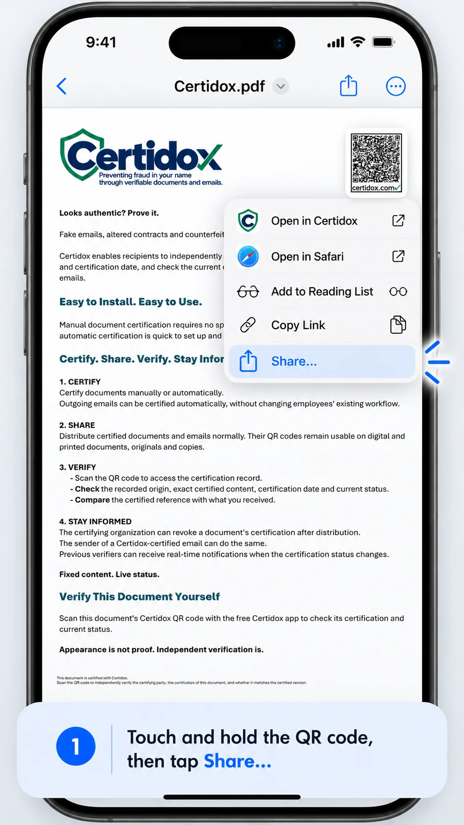 Illustrated iPhone screen displaying the Certidox sample document and the Share option after a QR-code long press