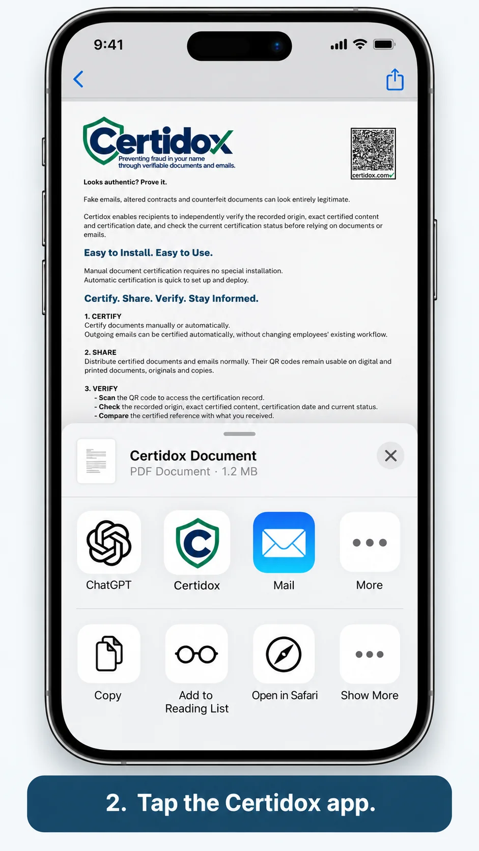 Illustrated iPhone sharing menu with the official Certidox app icon to select