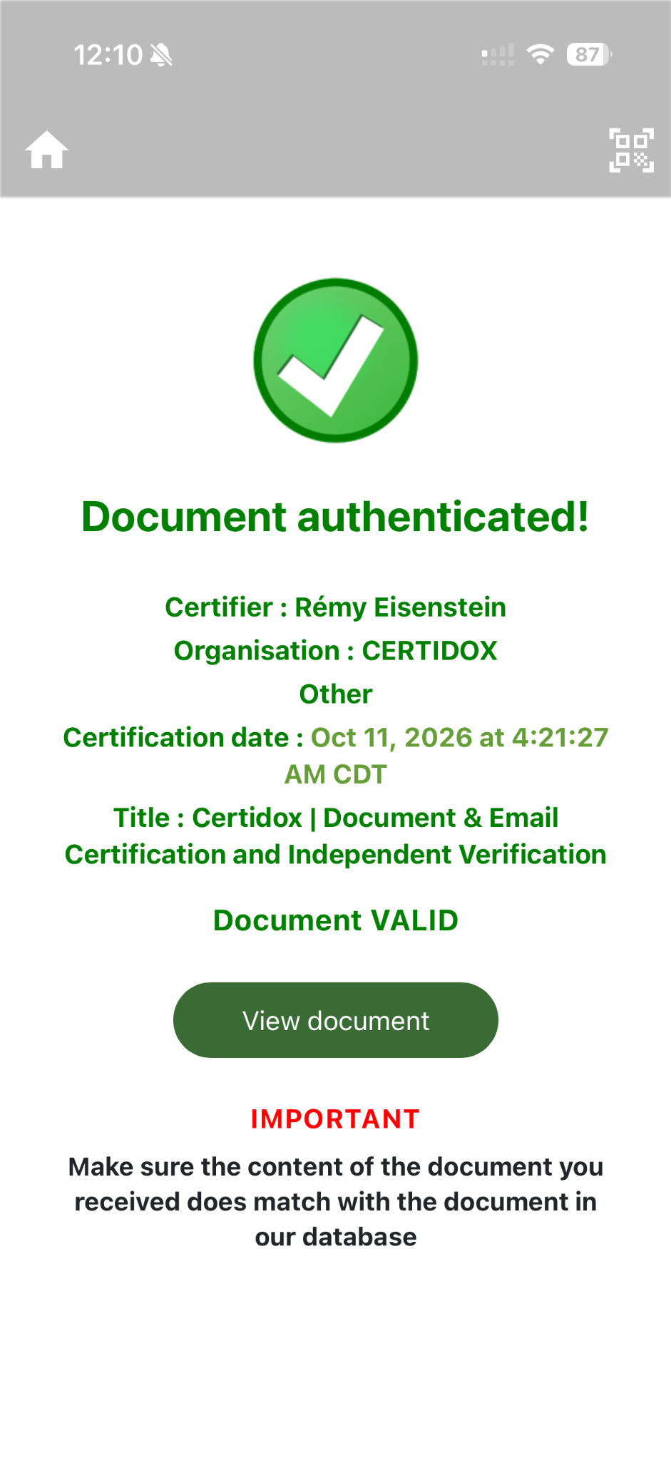 Actual Certidox app screenshot: Document authenticated and Document VALID at the time captured