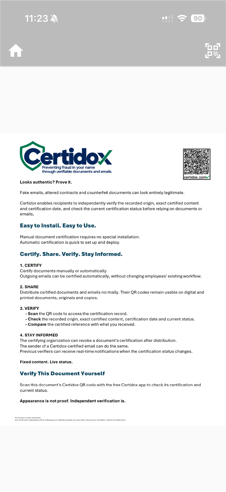 Actual Certidox app screenshot showing the certified document reference available through View document