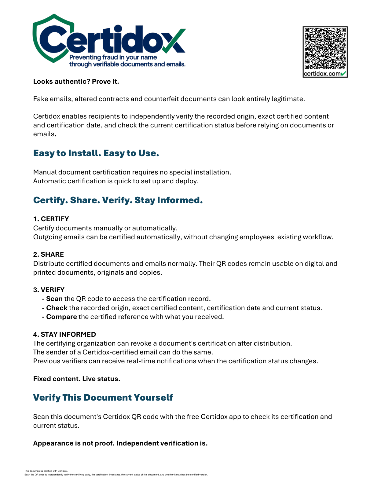 First page of the actual two-page Certidox-certified demonstration PDF with its QR code.