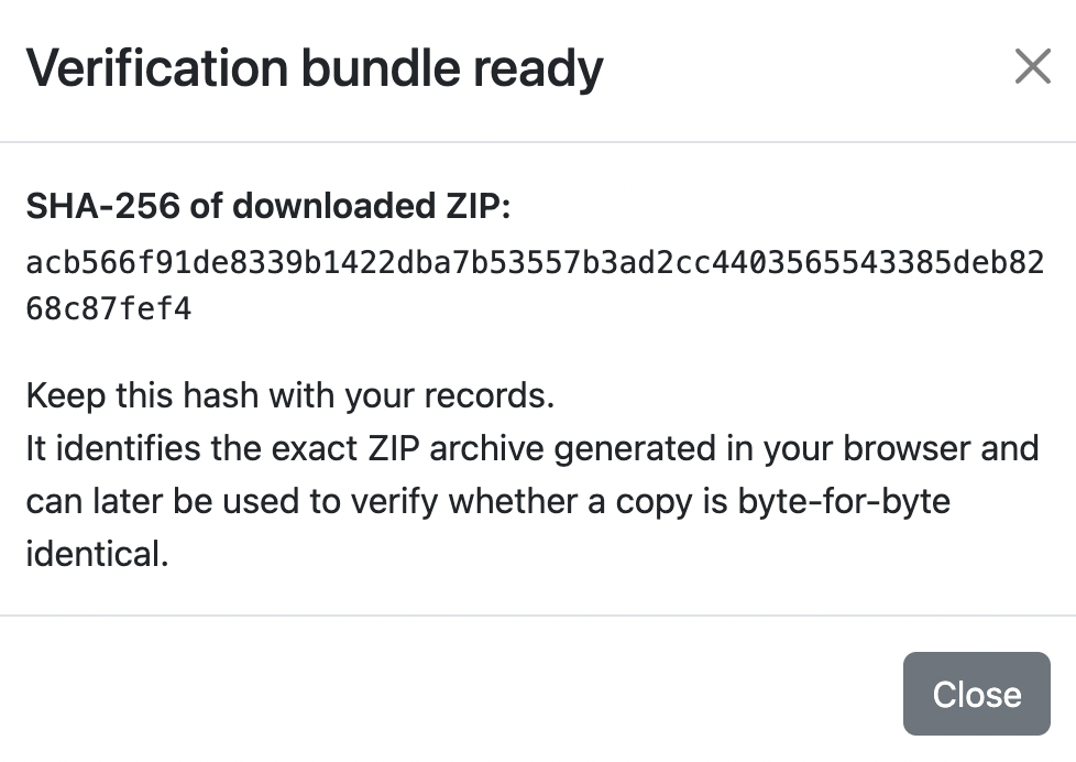 Certidox confirmation screen showing SHA-256 for the exported verification ZIP.