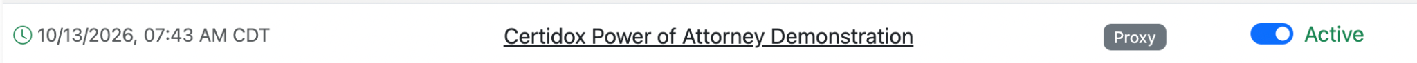 Actual Certidox back-office row showing the document titled Certidox Power of Attorney Demonstration and its blue Active switch