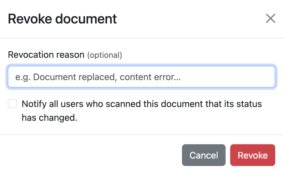 Actual Certidox Revoke document dialog showing a reason field, notification checkbox and Revoke button