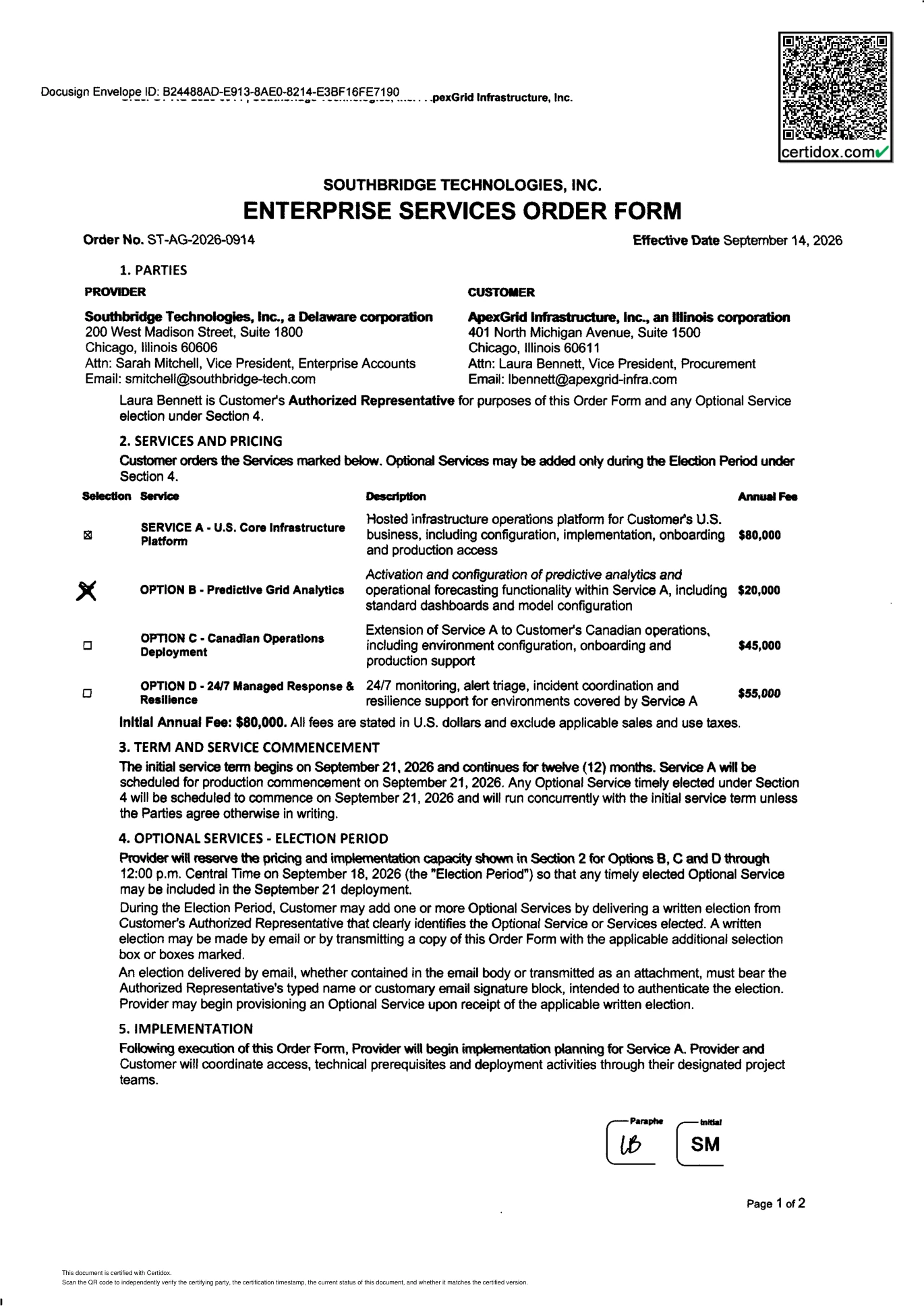 Complete first page of the certified order form, showing the original service selections