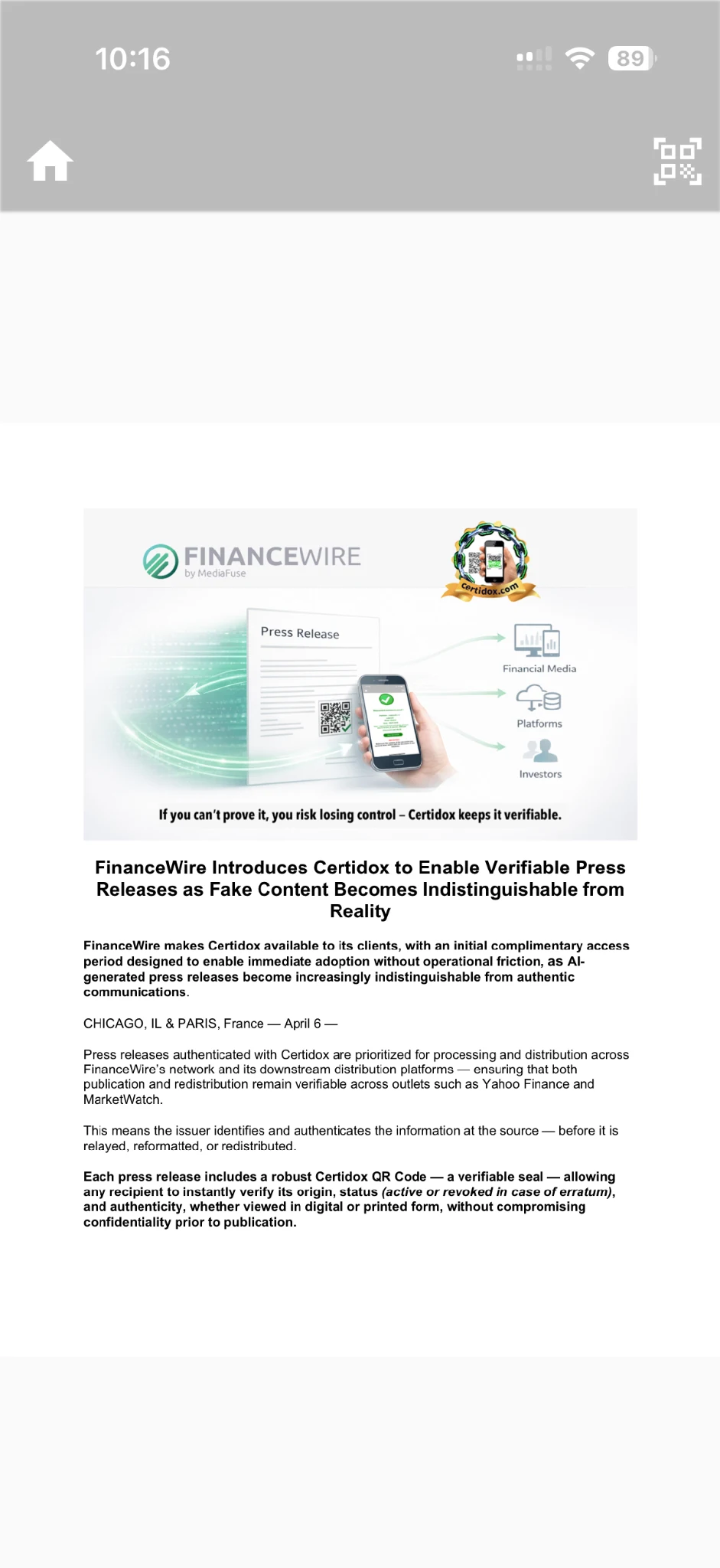 Actual Certidox iPhone View document screen displaying the first certified FinanceWire press-release page