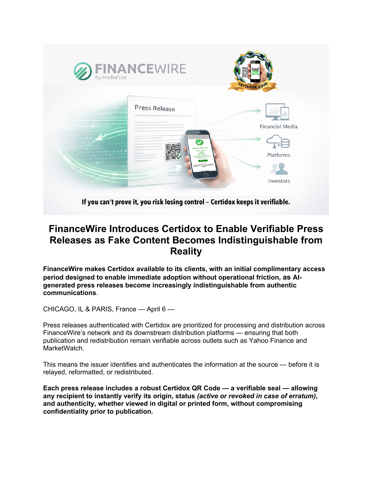 First page of the FinanceWire certified press release featured in the case study