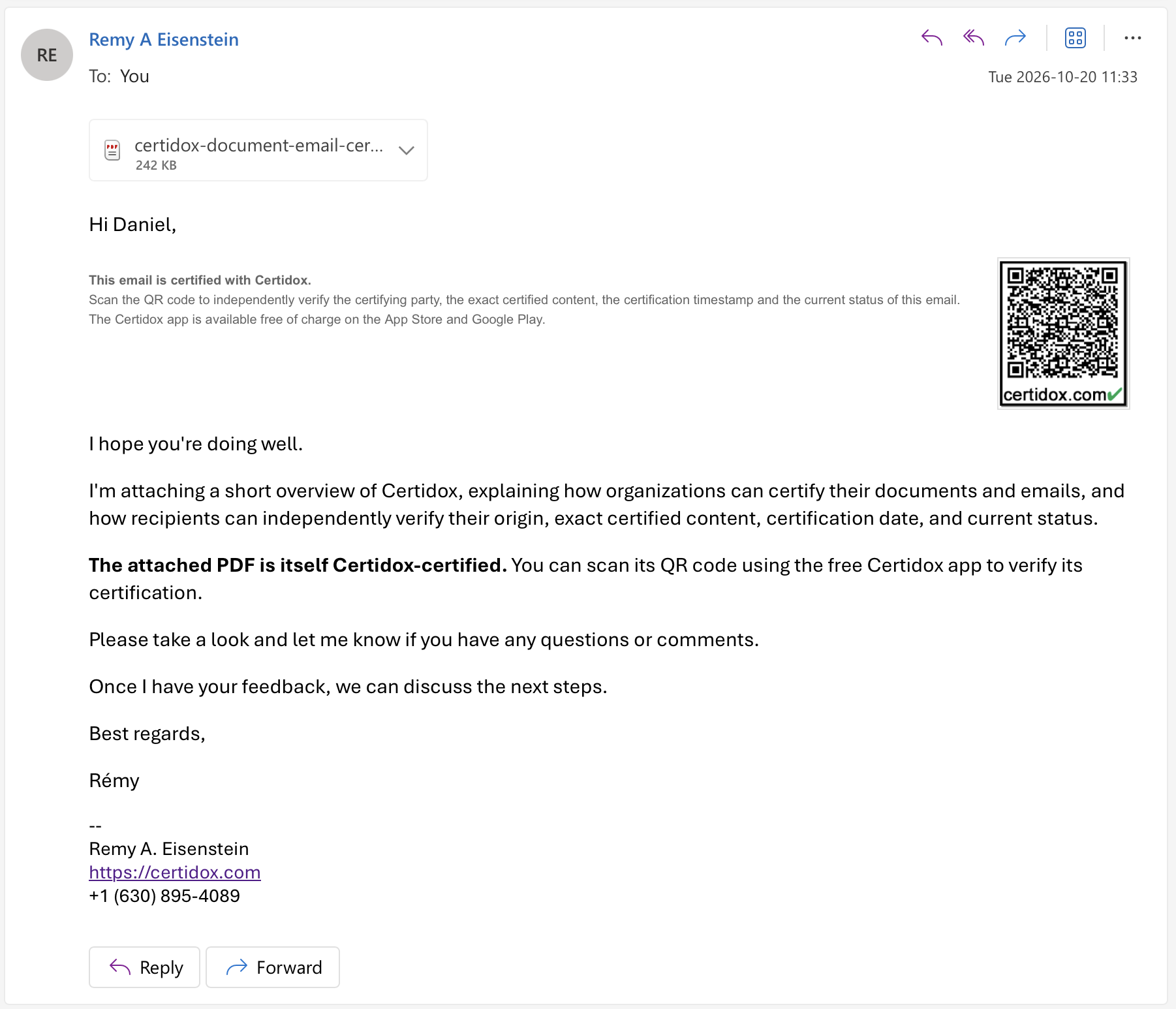 Received Outlook email with the Certidox certification notice and verification QR code