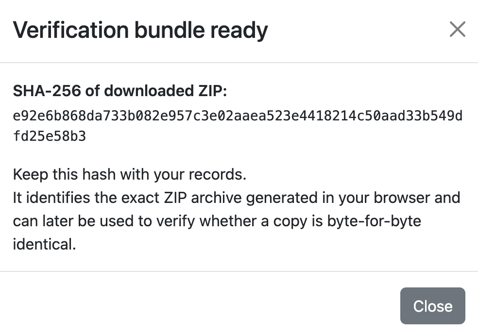 Certidox Verification bundle ready dialog displaying the SHA-256 of the original ZIP download.