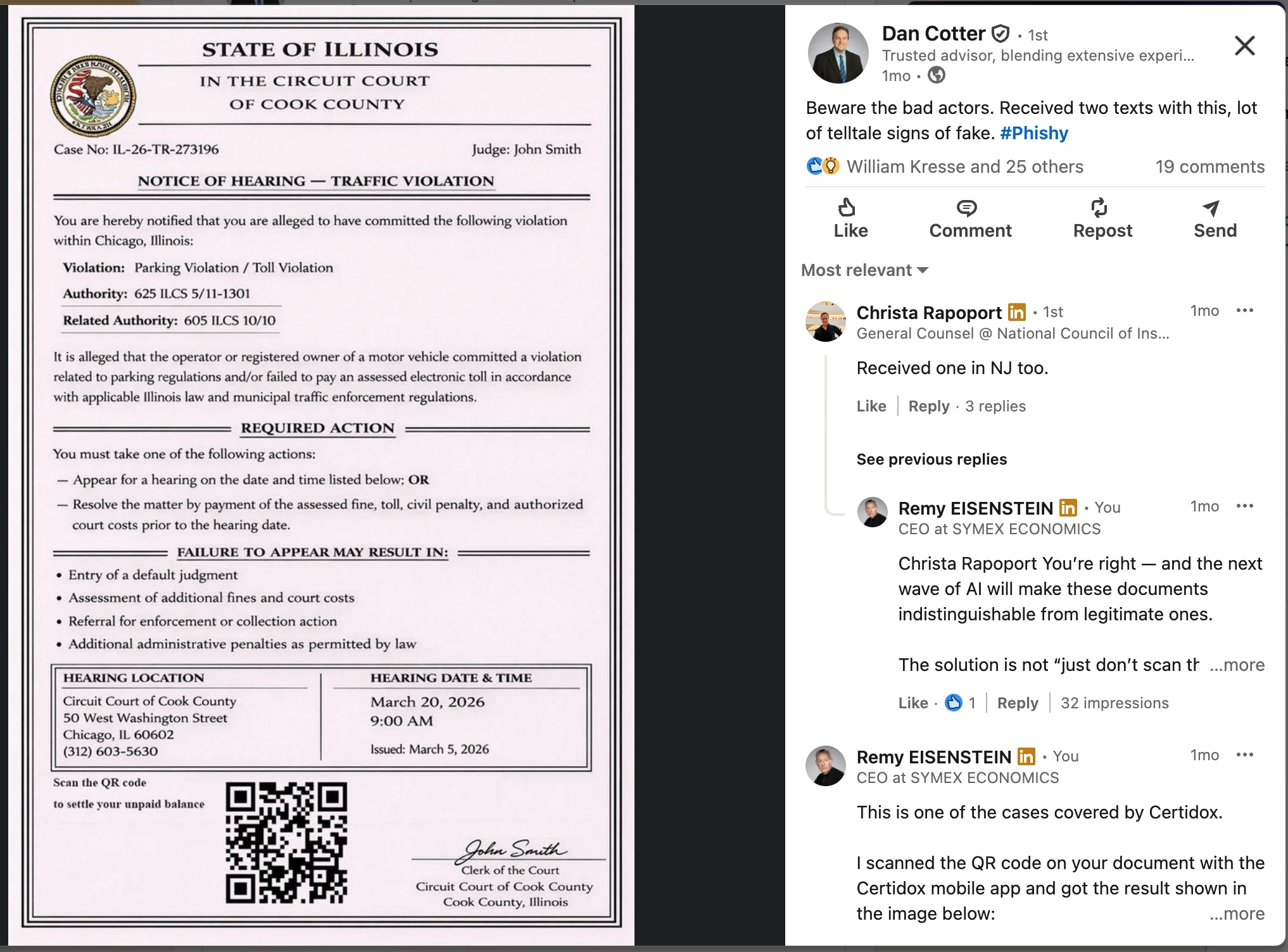 Purported Illinois court hearing notice shared on LinkedIn, displaying a QR code under instructions to scan it
