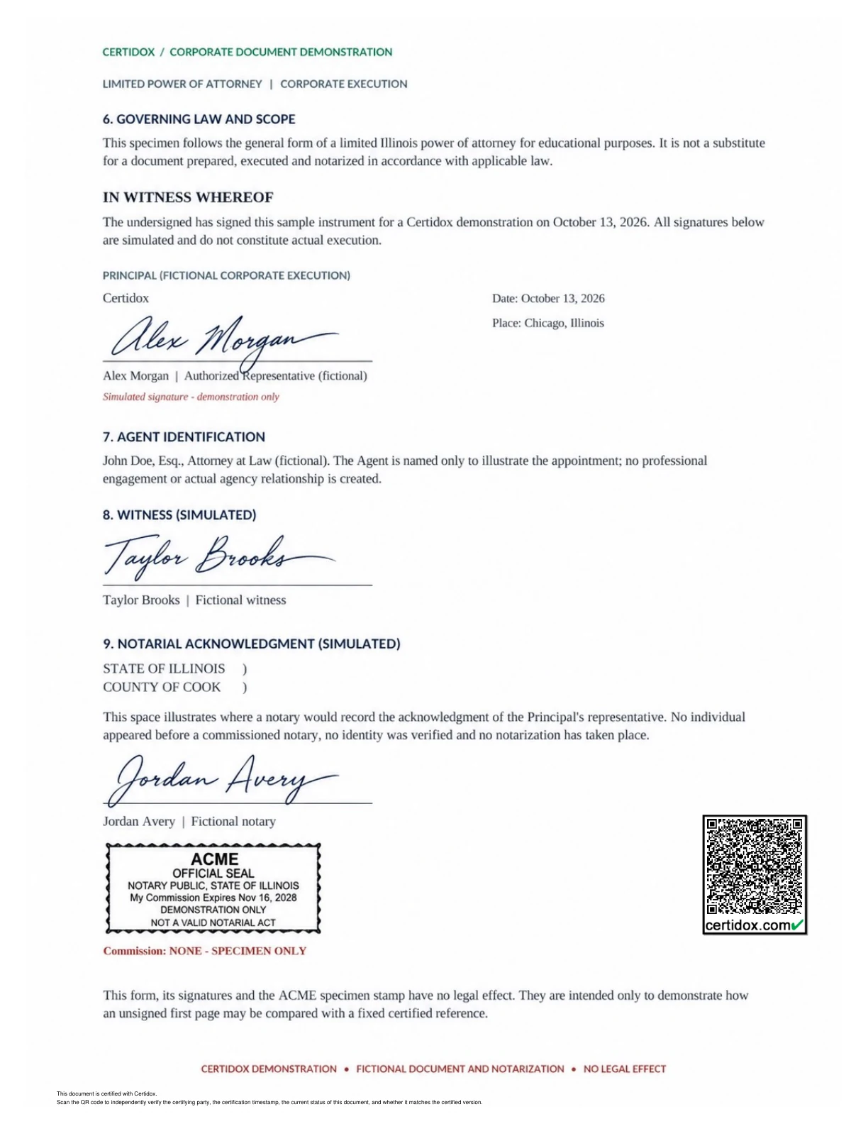 Power of attorney demonstration page with simulated signatures, specimen notary seal and Certidox QR code