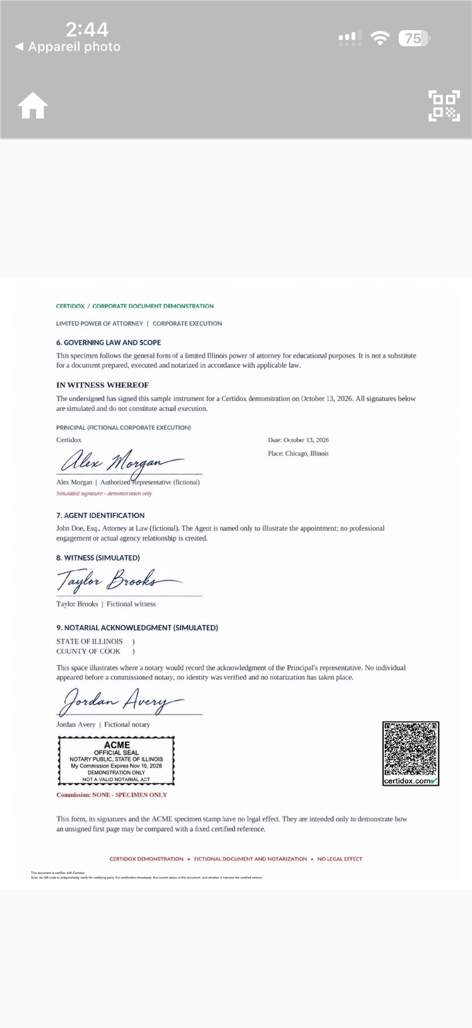 Authentic Certidox View document app screen showing the entire second page with specimen seal and QR code