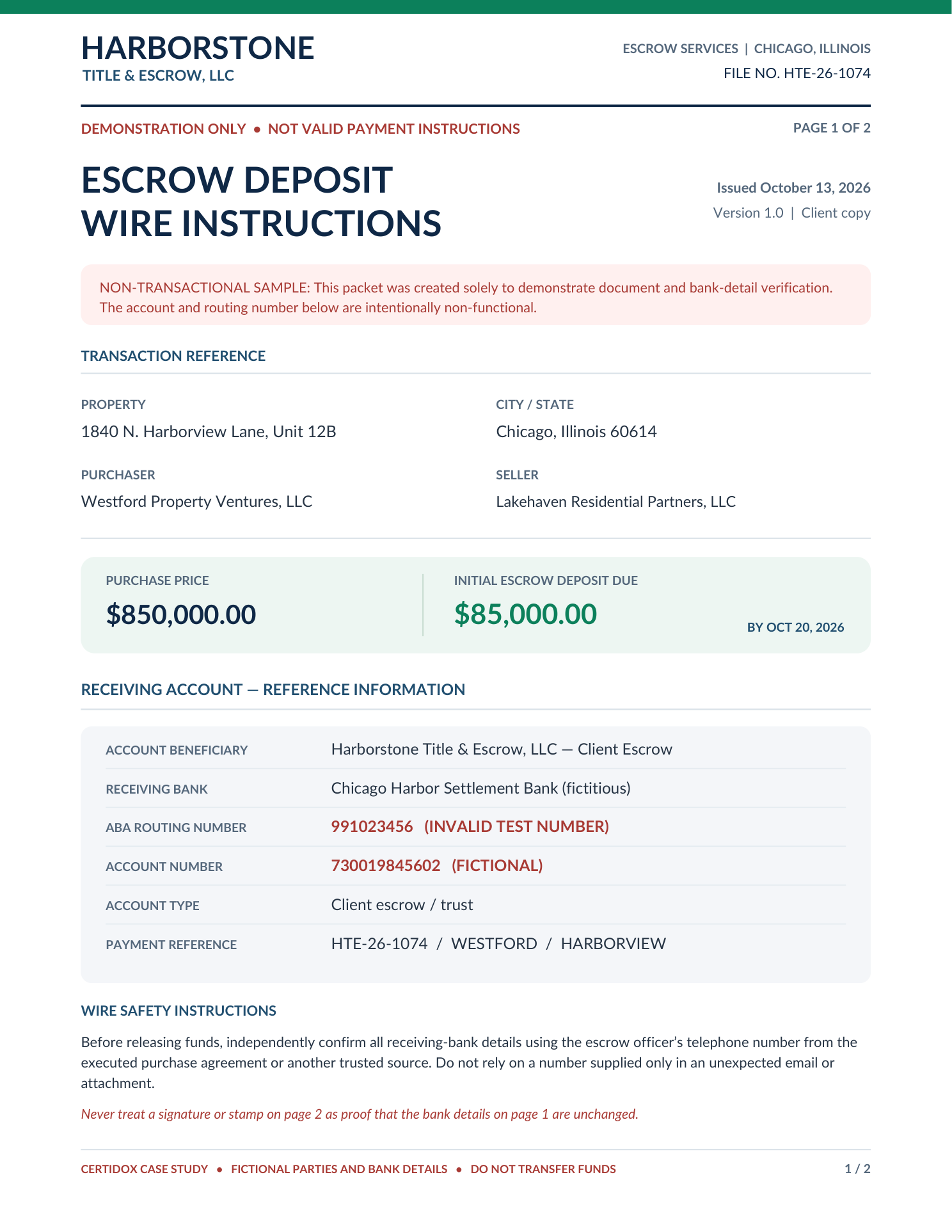 Complete first page of the certified sample escrow wire instructions